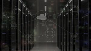 cloud computing diagram over data center background