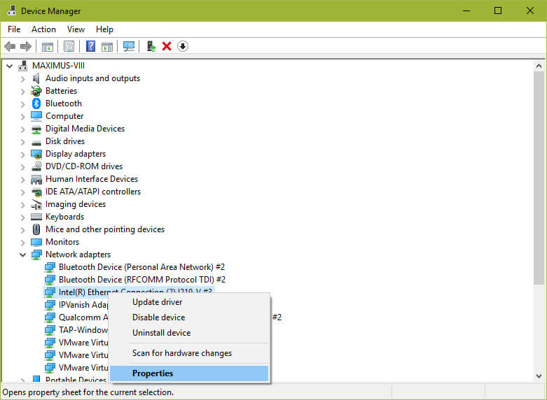 screenshot of Intel network adapter properties in device manager