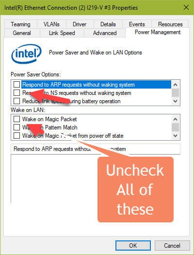 screenshot of Intel NIC advanved power management options