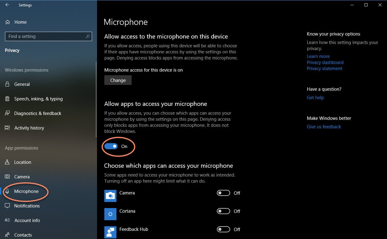 screenshot of Windows 10 microphone privacy settings