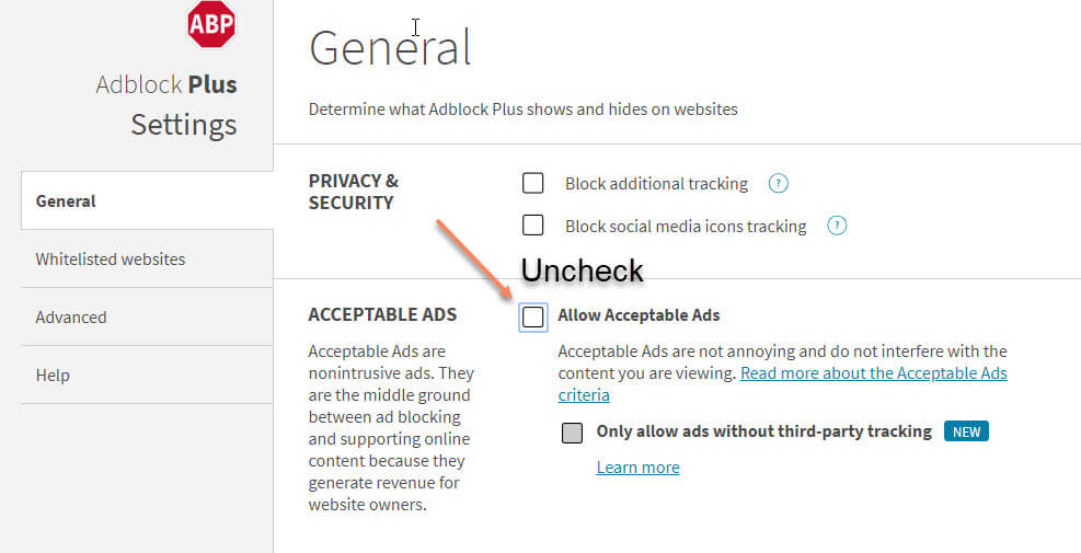 ad block plus general options screen arrow pointing to allow acceptable ads checkbox