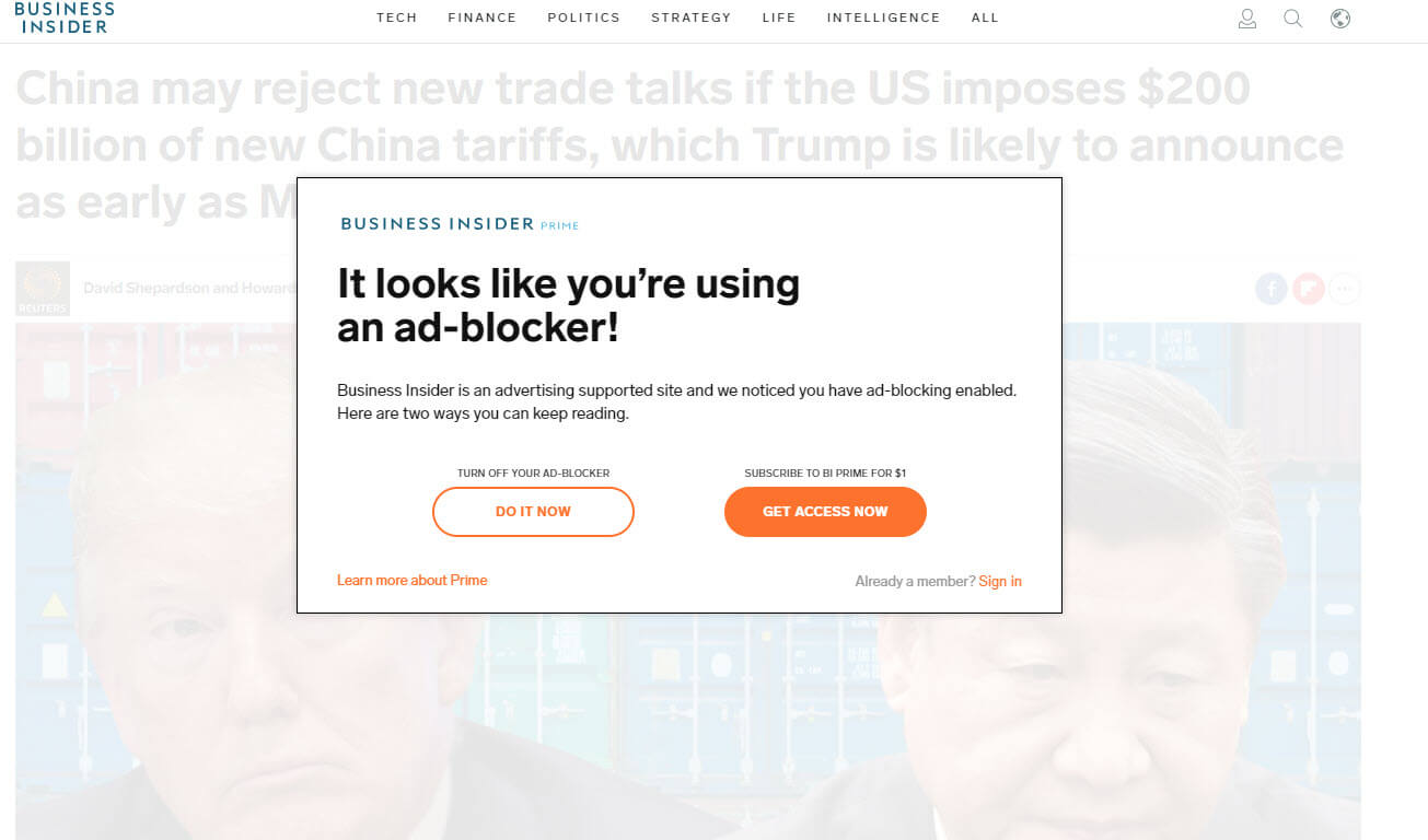 screenshot of business insider ad blocker detector displaying message blocking user from site