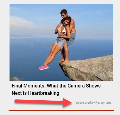 screenshot of a clickbait story with man holding woman over cliff
