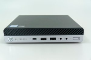 HP Elitedesk 800 G3 mini desktop computer front facing two tone black and grey colors