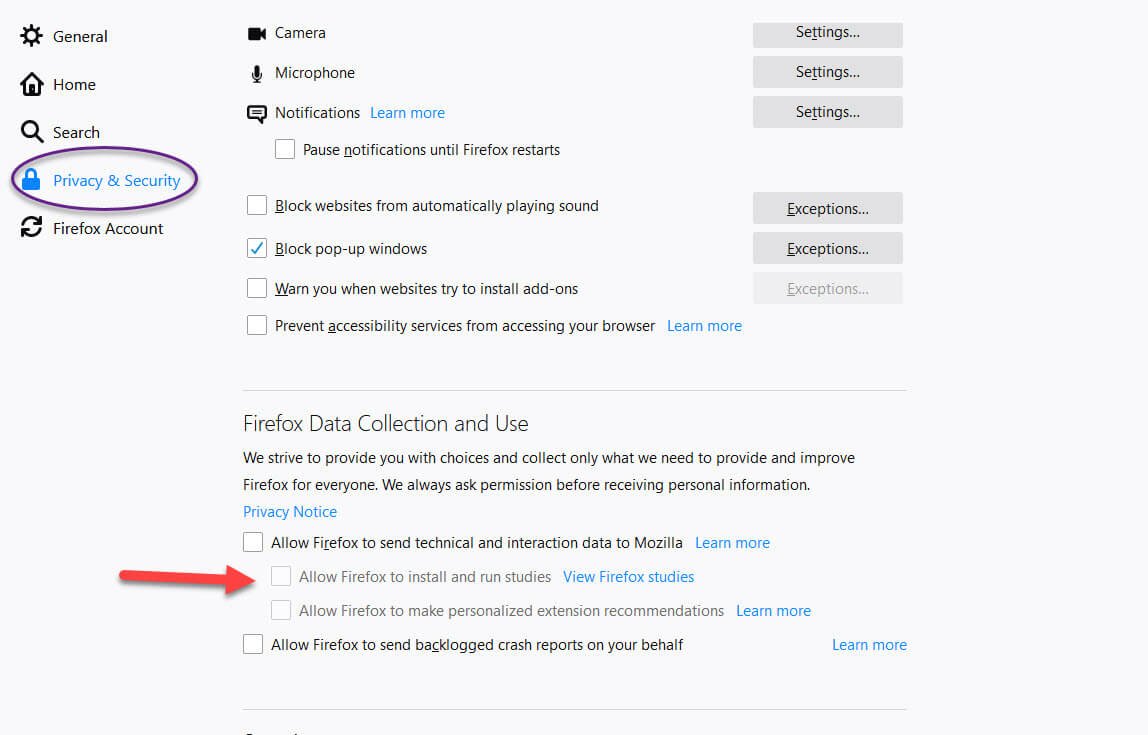 screenshot of Firefox browser privacy and security settings